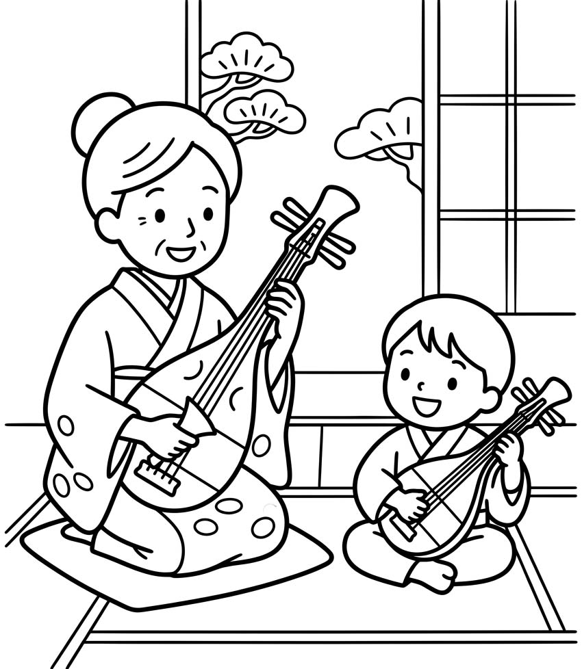 琵琶 印刷可能 ぬりえ