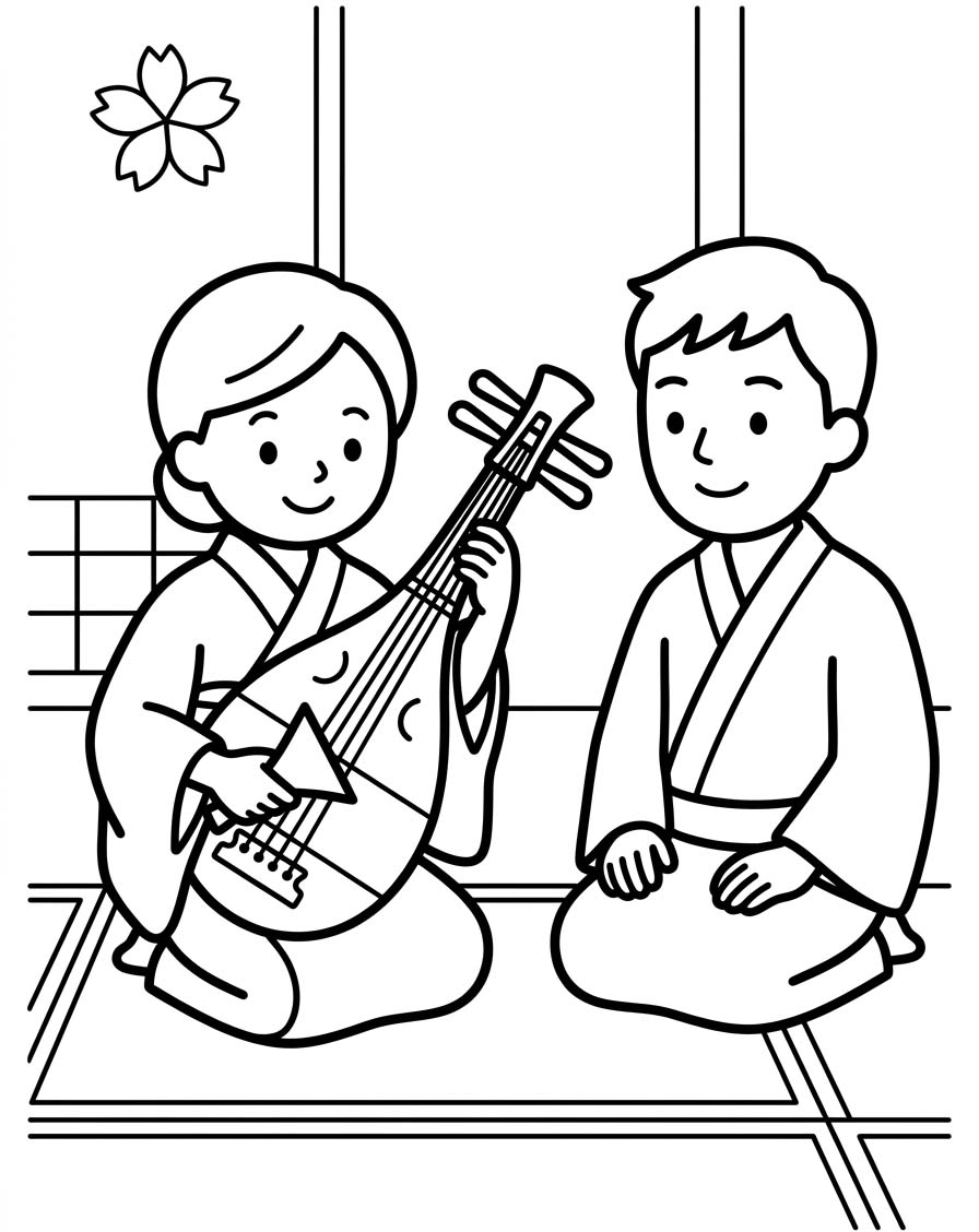 琵琶 基本的な ぬりえ