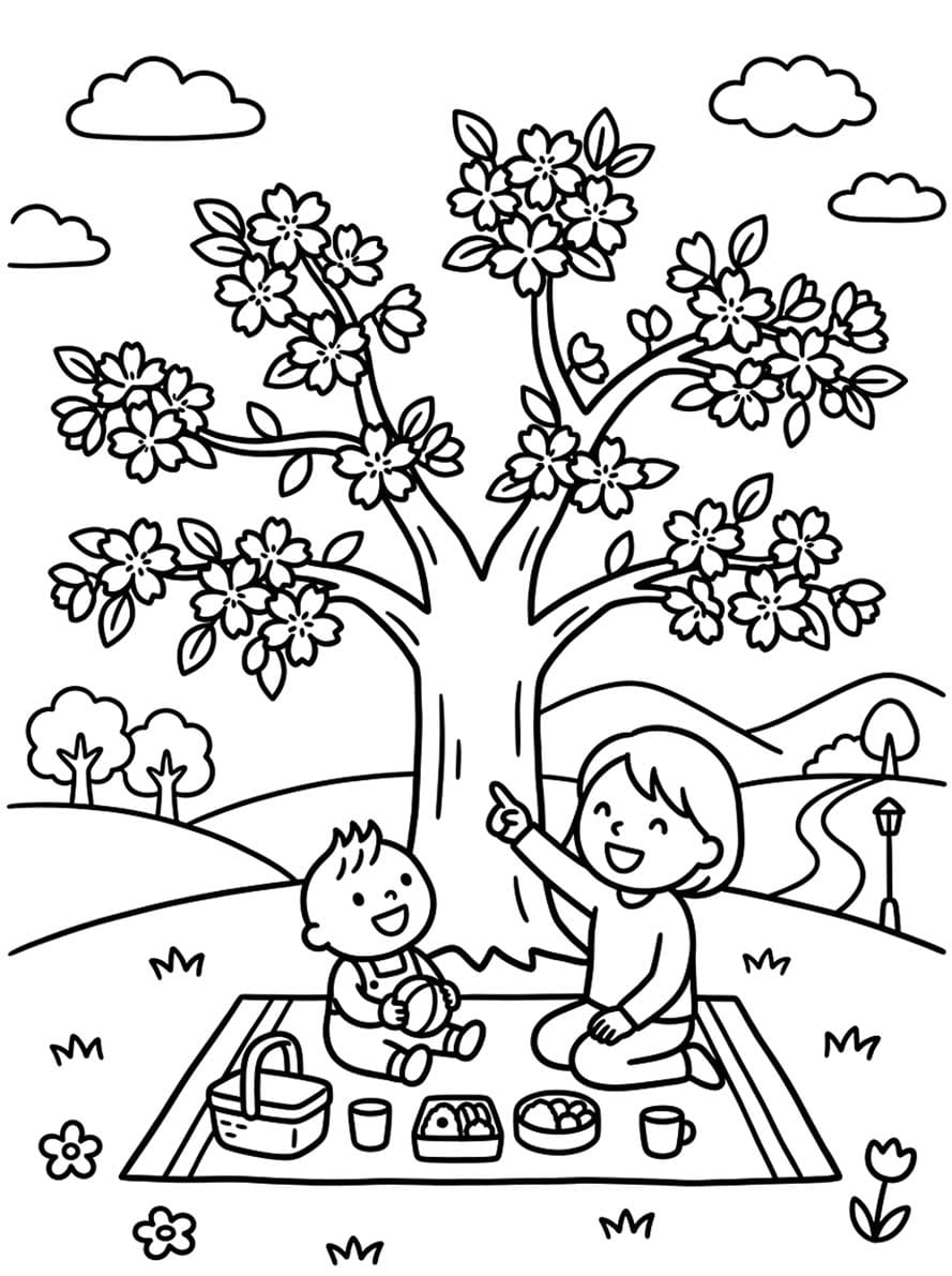 描画 花見 印刷可能 ぬりえ