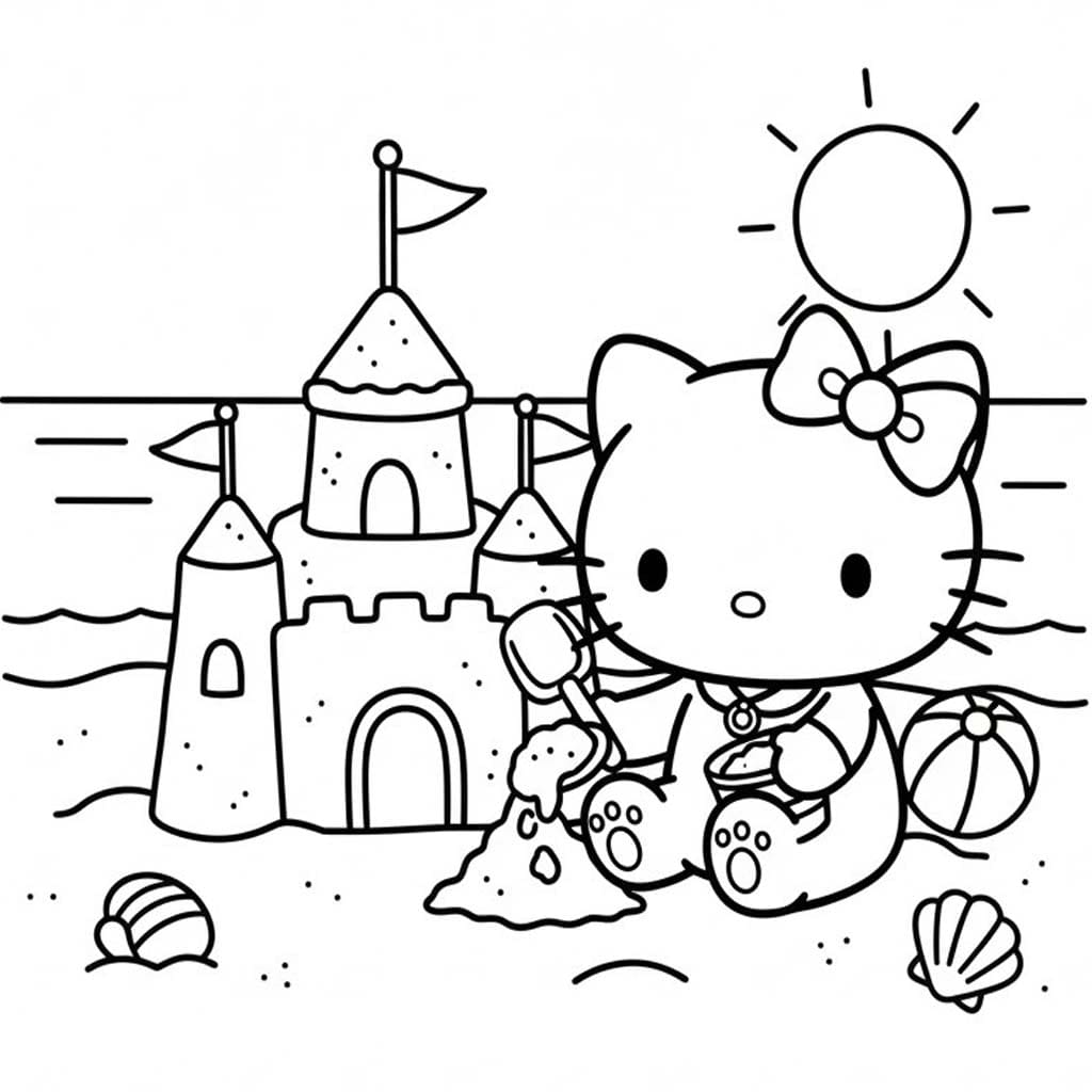 チャーミーキティ 砂のお城を作る ぬりえ