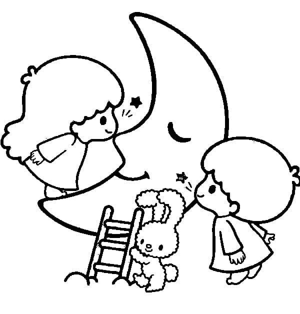 小さな双子の星とかわいい月 ぬりえ