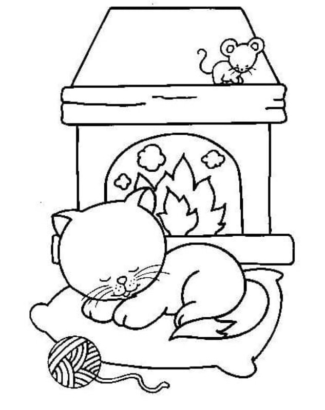 暖炉 そして猫 ぬりえ