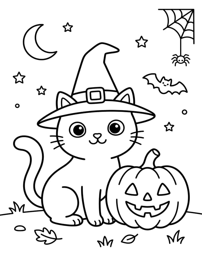 画像 ハロウィンの猫 単純 ぬりえ