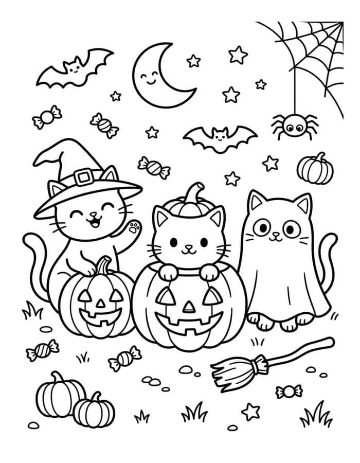 ハロウィンの猫 基本的な ぬりえ