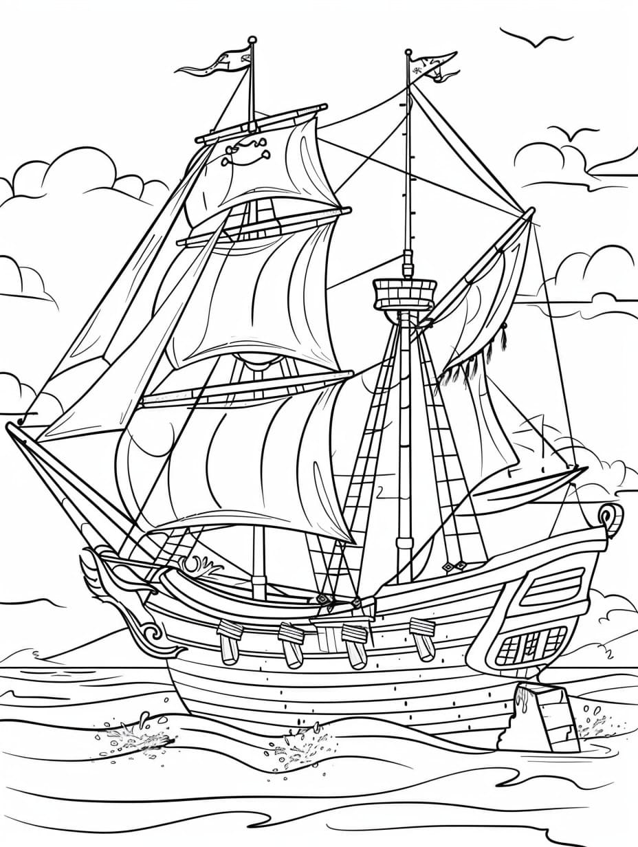 海賊船を描く無料 ぬりえ