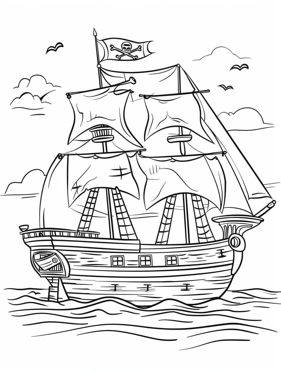 海賊船を描く ぬりえ