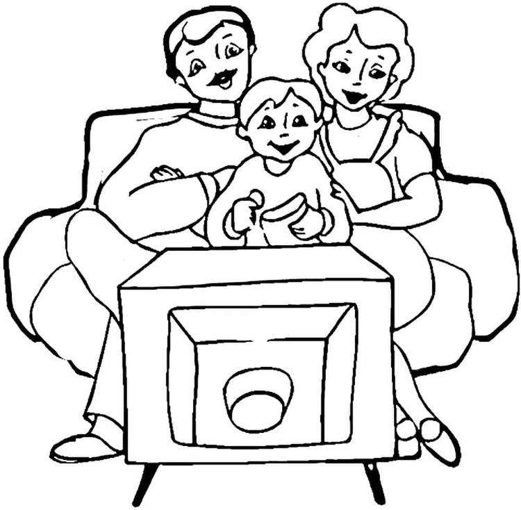 家族 テレビを見ている ぬりえ