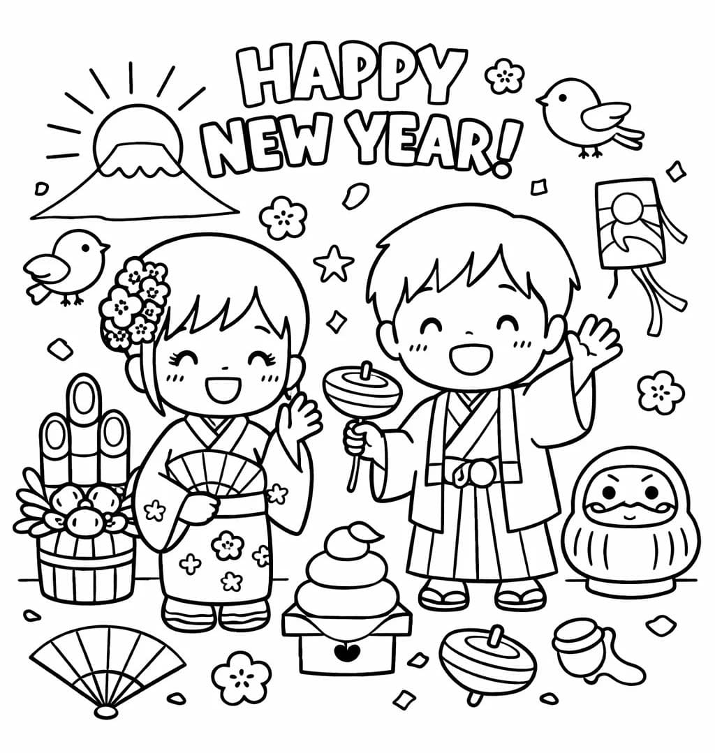 子供たち お正月の ぬりえ