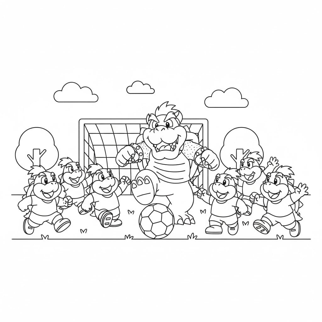クッパファミリー サッカーをする ぬりえ