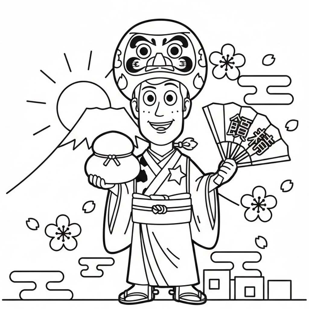 お正月の 単純 ぬりえ