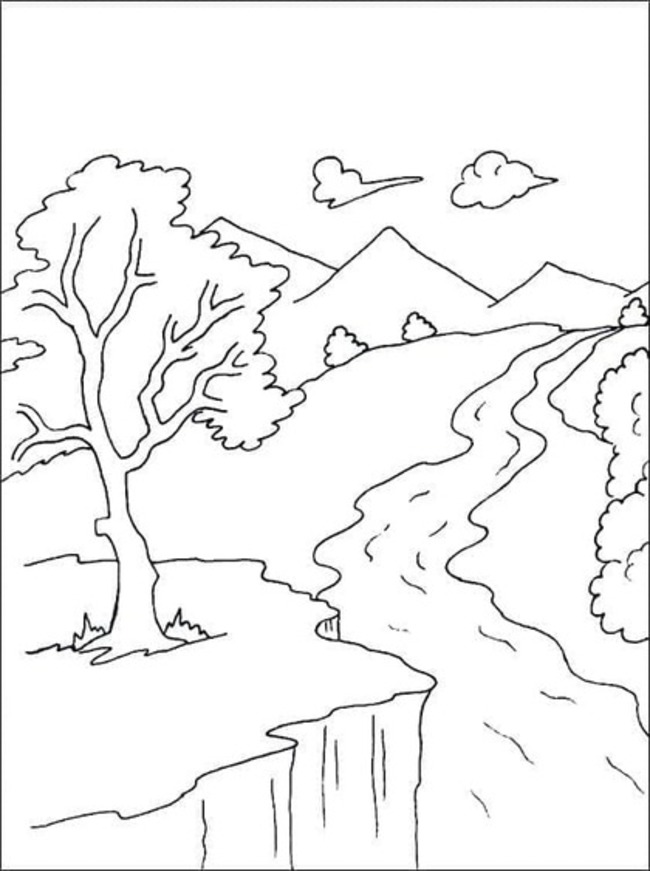 自然の川の景観 ぬりえ