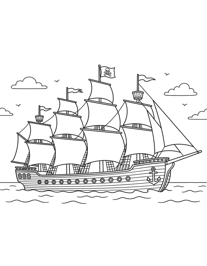 単純 海賊船 ぬりえ