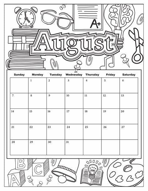 8月のカレンダーぬりえ 印刷可能ぬりえ無料ダウンロード