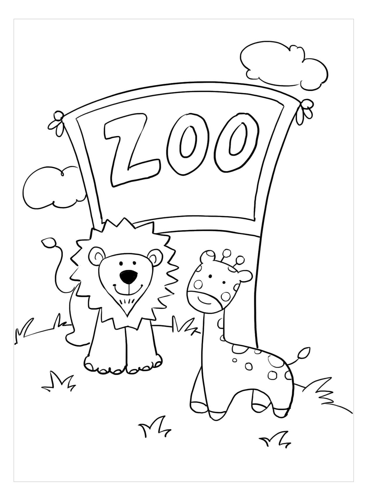 動物園でキリンとライオン 印刷可能ぬりえ無料ダウンロード