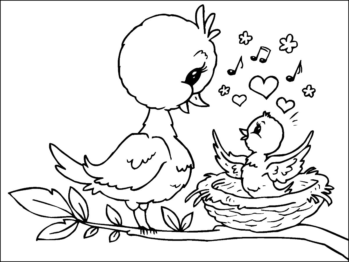 母鳥と赤ちゃん鳥 - 印刷可能ぬりえ無料ダウンロード
