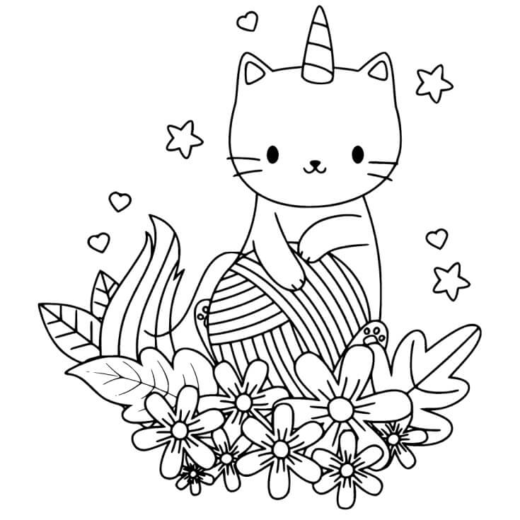 花と猫のユニコーン 印刷可能ぬりえ無料ダウンロード