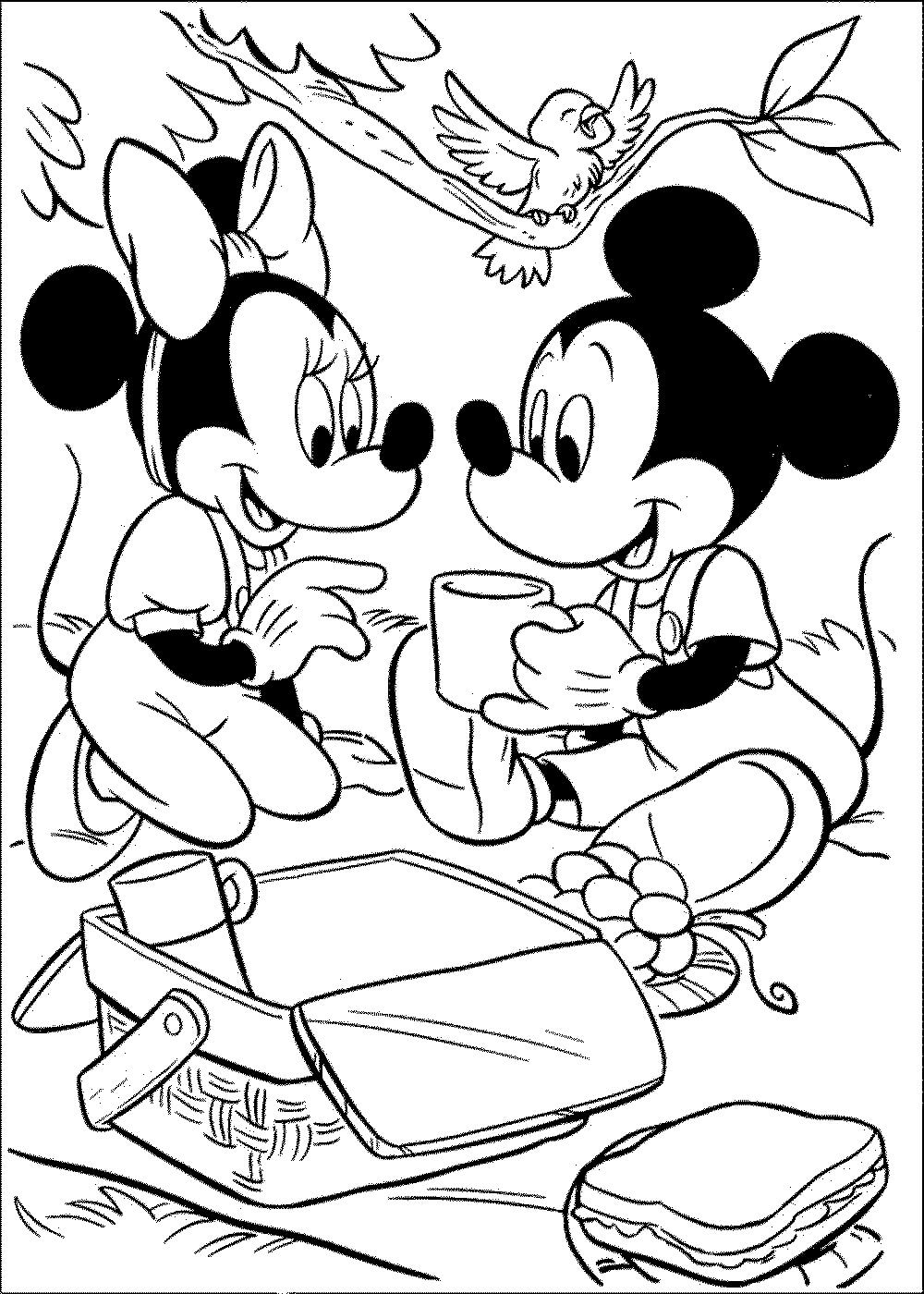 かわいいミニーマウスとミッキーマウスのピクニック 印刷可能ぬりえ無料ダウンロード