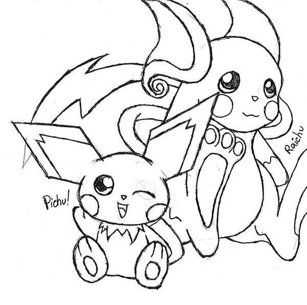 ピチューとライチュウを描く 印刷可能ぬりえ無料ダウンロード