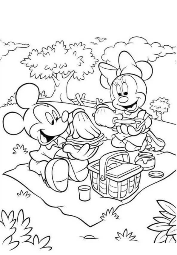 ピクニックでミニーマウスとミッキー 印刷可能ぬりえ無料ダウンロード
