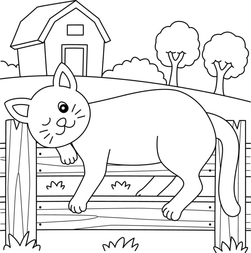 柵の上に横たわる猫 印刷可能ぬりえ無料ダウンロード