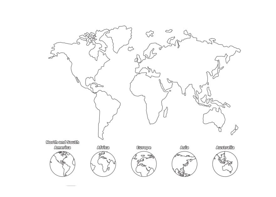 空白の世界地図のアウトラインの着色 印刷可能ぬりえ無料ダウンロード